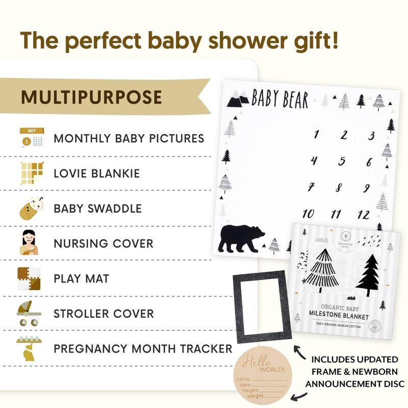 Pondering Pine Organic Baby Monthly Milestone Blanket Boy - Baby Bear Blanket with Month Marker Frame and Newborn Announcement Disc - 1-12 Months Milestones, Woodland, 47”x47” - Image 5
